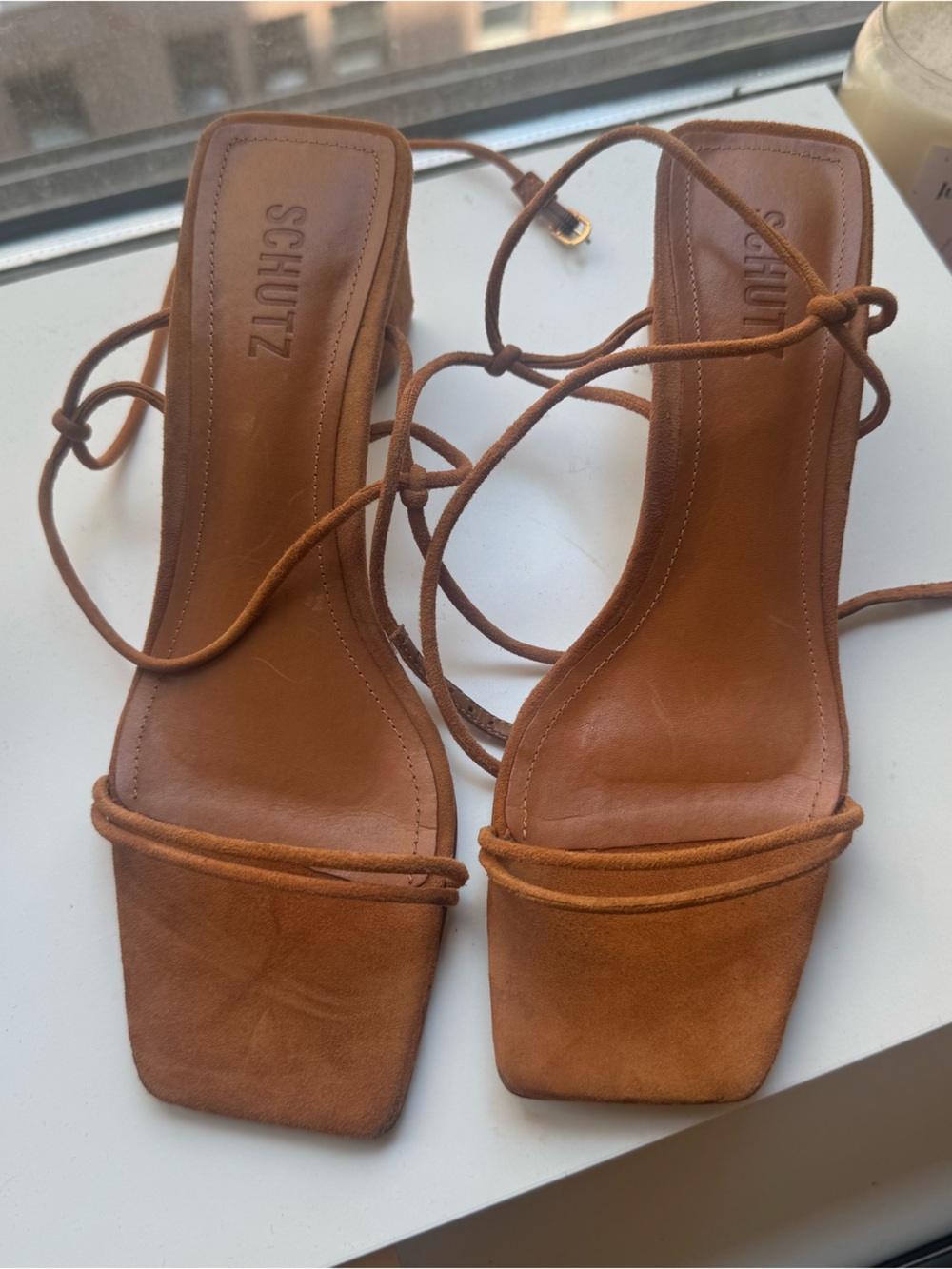 SCHUTZ Cognac Suede Wrap-Ankle Square-Toe Sandals